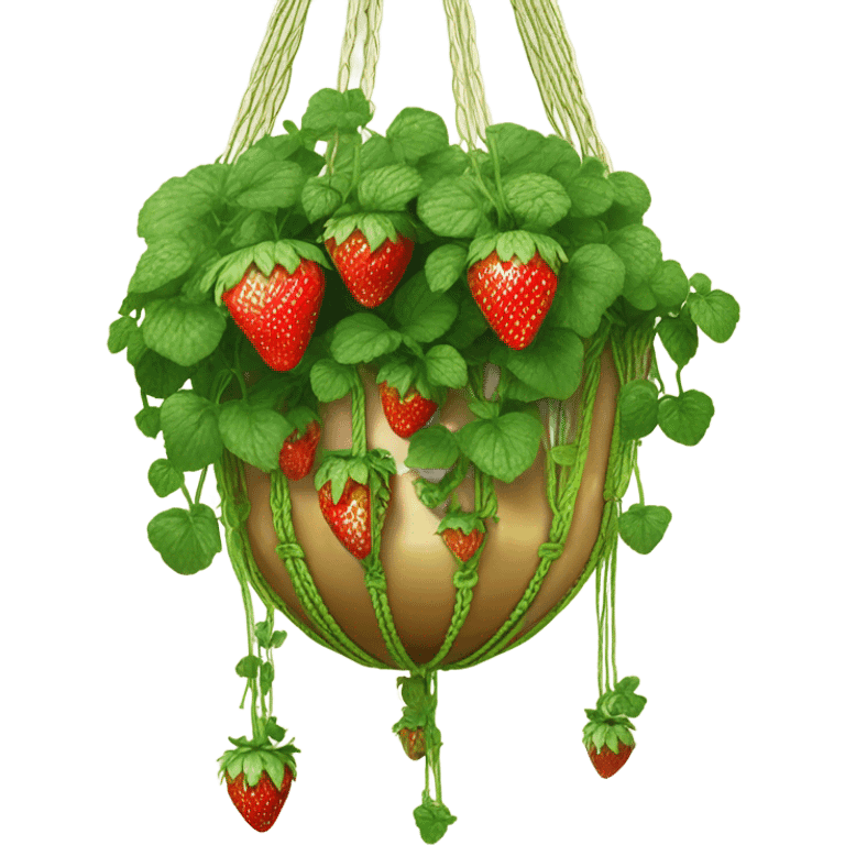 Hanging macrame gold planter with strawberries growing down  emoji