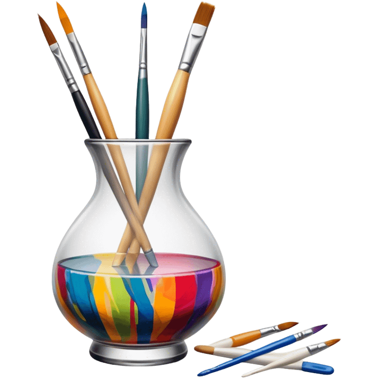 Glass painting icon, colorful brushstrokes on a glass vase, intricate painted patterns on the surface, visible fine paintbrush and palette beside it, no liquid inside the vase, minimalistic style, clean lines, transparent background. emoji