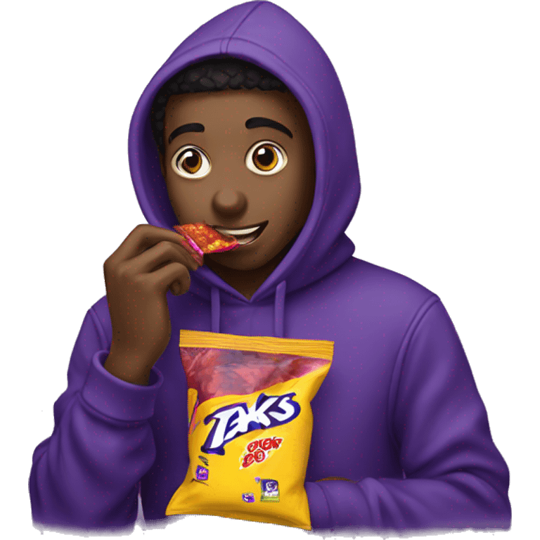 student wearing a hoodie while eating a bag of takis emoji