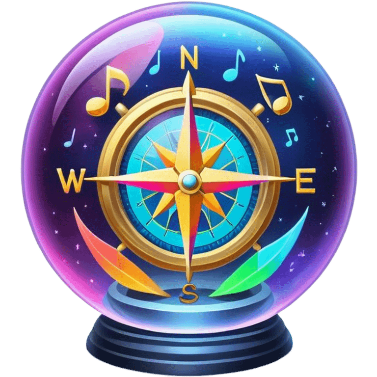 A glowing holographic compass with vibrant neon colors and music notes, inside a crystal-clear sphere emoji