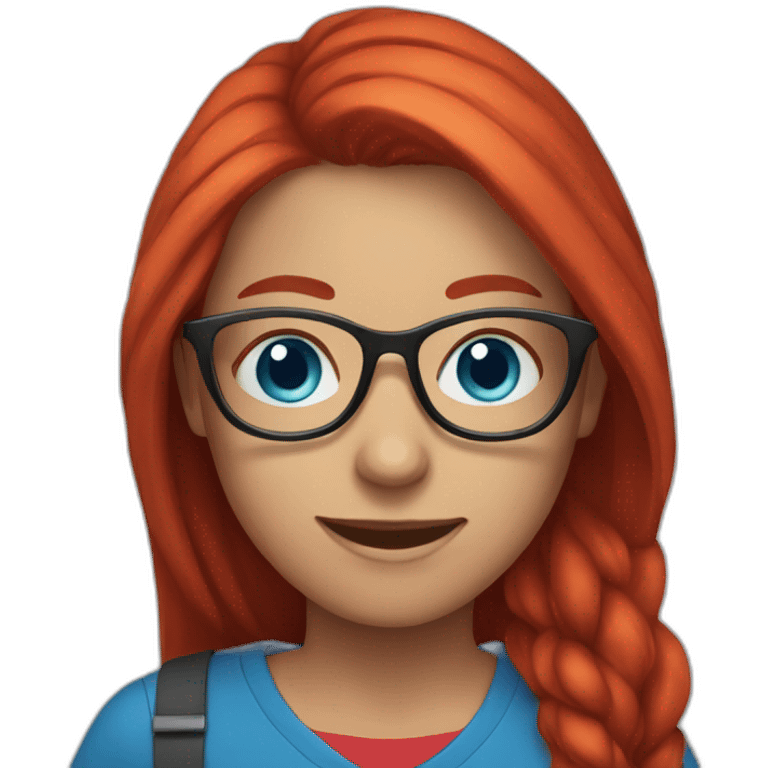 female with long bright red hair and glasses smiling with blue eyes and red shirt emoji