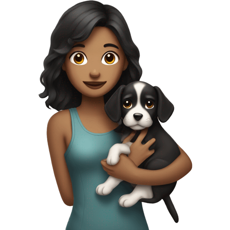 A girl with dark hair holding a puppy emoji