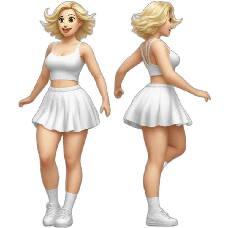 Hyperrealistic Full body Caucasian curvy beauty jumping short white skirt back and front views strong wind knickers long white socks emoji