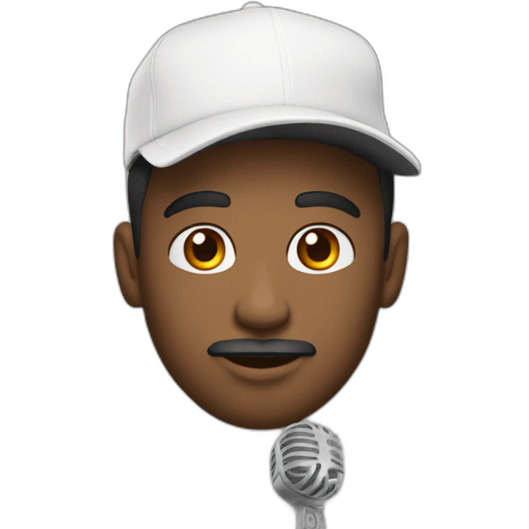 A swarthy man. With a tattoo on his neck and a white cap, and a microphone in front of him. emoji