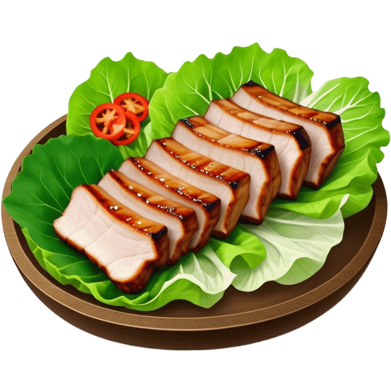 Samgyeopsal Cinematic Realistic Samgyeopsal Dish Emoji, depicted as slices of grilled pork belly served in crisp lettuce leaves with assorted fresh vegetables, rendered with dynamic textures and appetizing, natural lighting. emoji