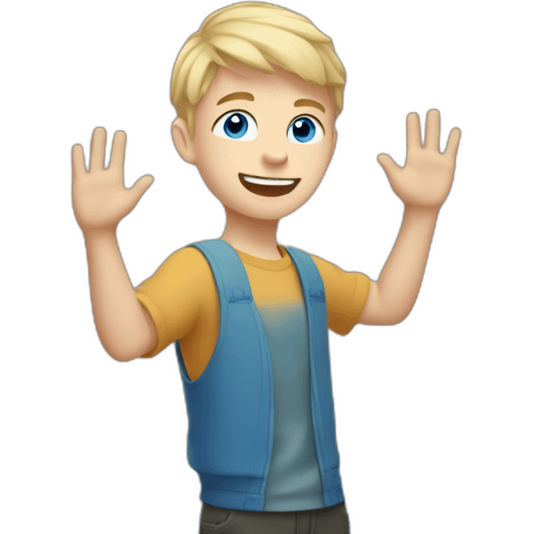 Blonde teen boy with medium short hair, blue eyes, waving hi to the camera emoji