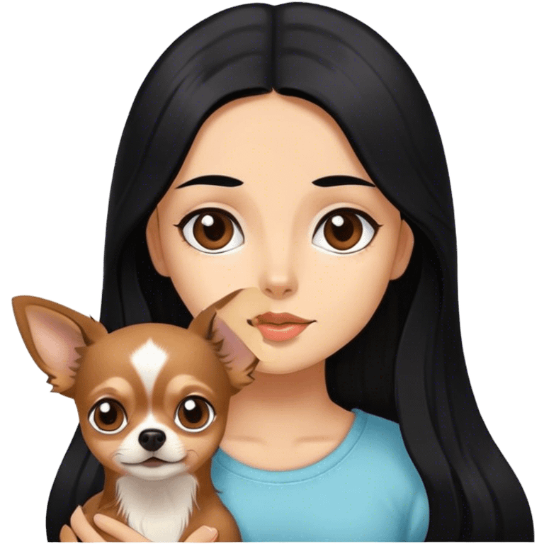 Girl with black hair and longhair brown chihuahua  emoji