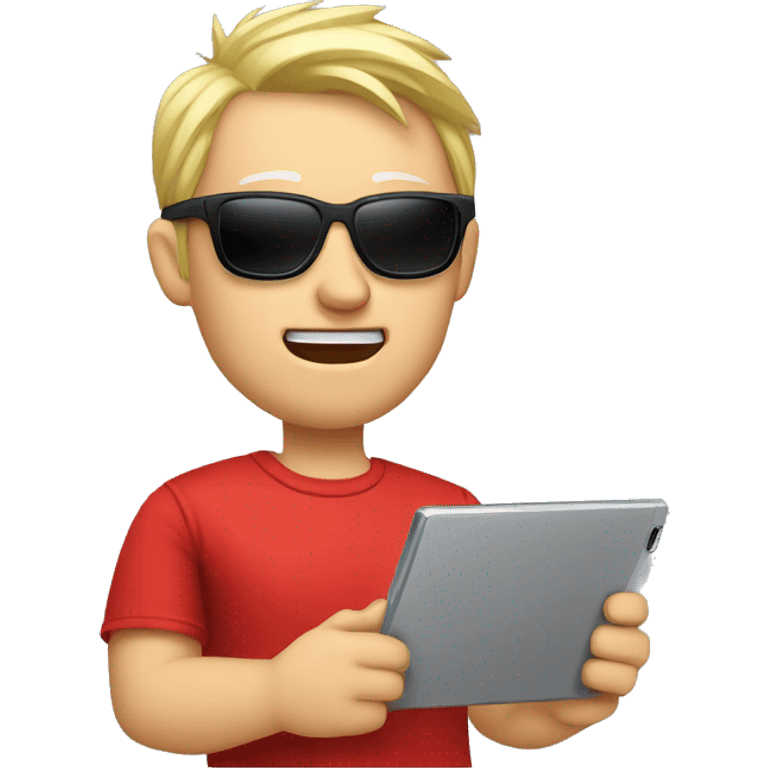 Nerdy middle aged white man with short blond spiky hair looking confused and wearing sunglasses and a red tee shirt holding an electronic tablet emoji