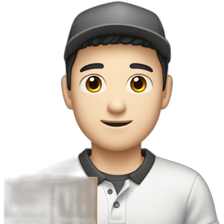 Pale skinned Man with black hair in a white cap and dark gray polo T-shirt with a box into his hands emoji