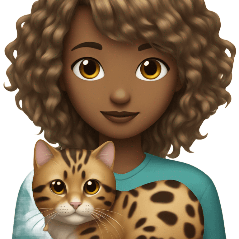 A girl with bangs holding a Bengal leopard cat emoji