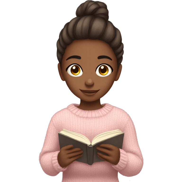 Pretty brown eyed girl with light pink sweater reading cozy emoji