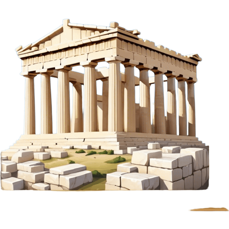 Cinematic Realistic Acropolis Landmark Emoji, showing the Parthenon standing proudly atop the Acropolis hill, with its marble columns glowing under the warm Athenian sunlight against a blue sky. emoji