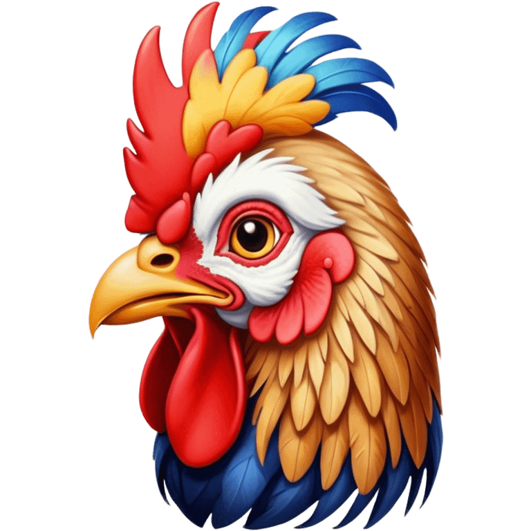 Cinematic Realistic depiction of a proud French rooster, rendered with detailed, textured feathers and a vivid, colorful comb, set against a rustic French countryside backdrop with soft, warm lighting emoji