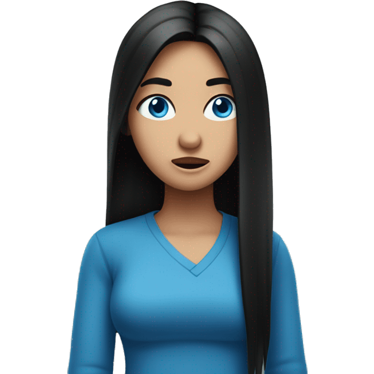 Girl with long black hair and blue eyes shrugging  emoji