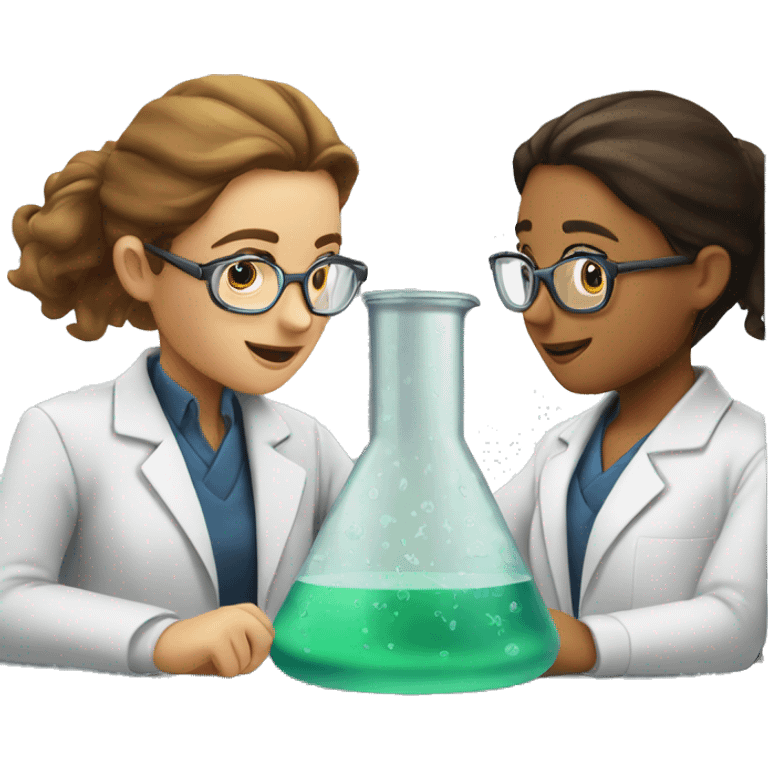 scientists discussing by the window two girls with one clear beaker emoji