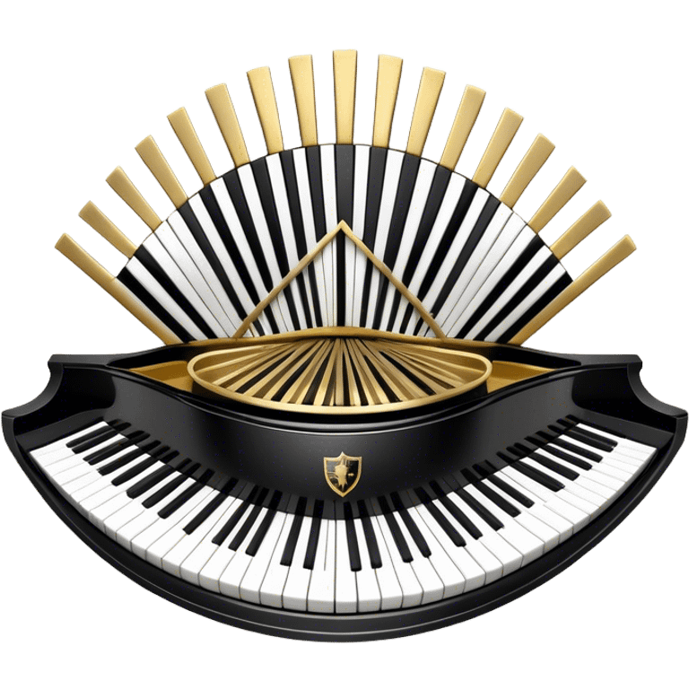 Create an elegant and festive emoji collage representing keyboard instruments, styled like a heraldic emblem. The design should feature a central focal point of black and white piano keys, arranged in a semi-circular or shield-like shape. Around the piano keys, add intertwining musical notes that form flowing ribbons, creating a dynamic and celebratory atmosphere. The design should be professional, with polished silver and gold accents on the keys and notes, highlighting the luxury and sophistication of the instruments. Add subtle shading and lighting effects to give the design a refined, 3D appearance. The background should remain transparent, and the overall feel should evoke grandeur, artistry, and a sense of celebration. emoji