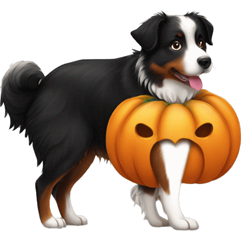 black australian shepherd dog in a pumpkin emoji