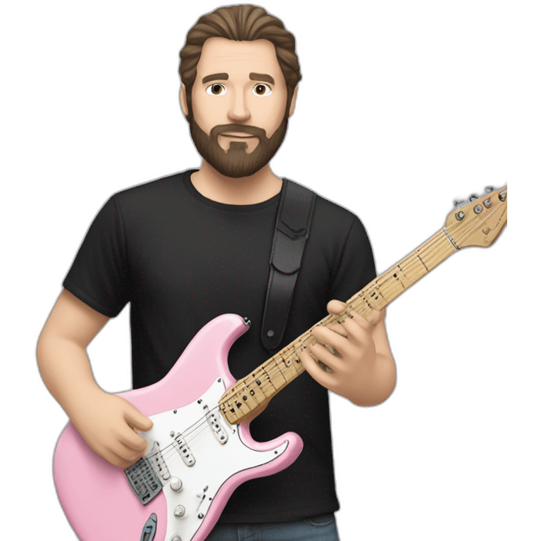 white man with dark beard and black t shirt and pastel pink stratocaster electric guitar emoji