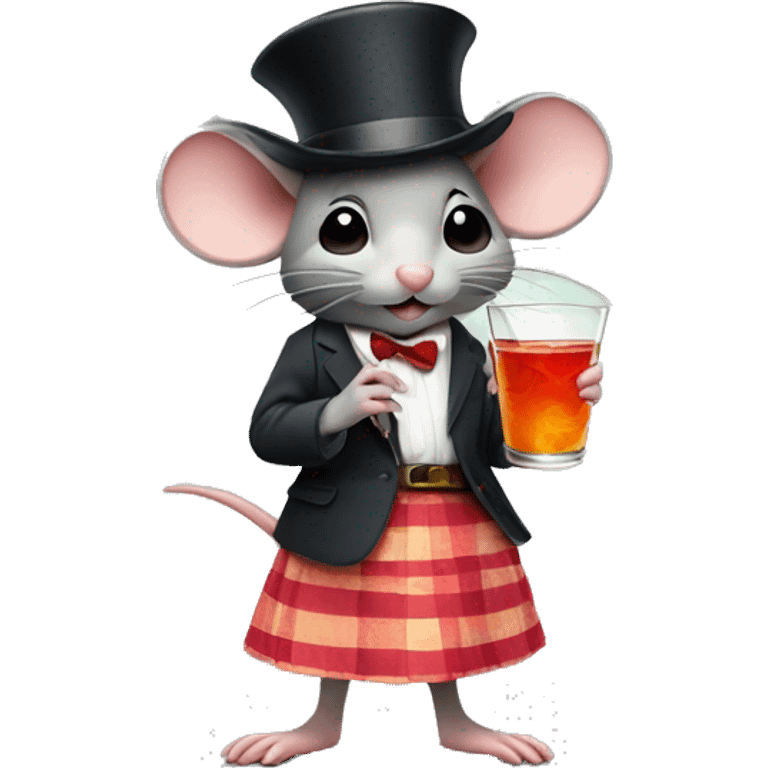 A little mouse in a skirt wearing a hat and drinking a cocktail emoji