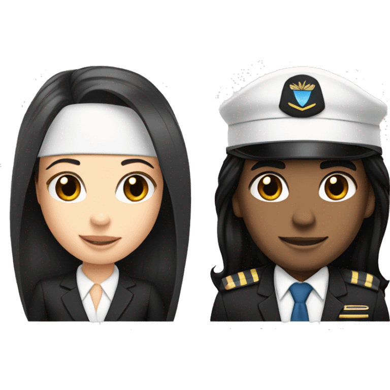 Flight attendant with long black hair and white skin with a pilot man with light skin and black hair emoji