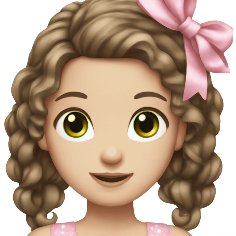 girl with brown hair and green eyes wearing a pink bow in hair, smiling, white glitter eyeshadow, pale skin,  emoji