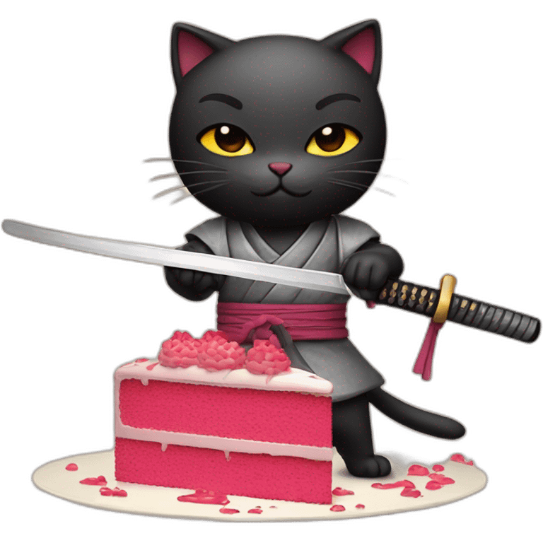 Ninja cat cuts a cake with a katana emoji