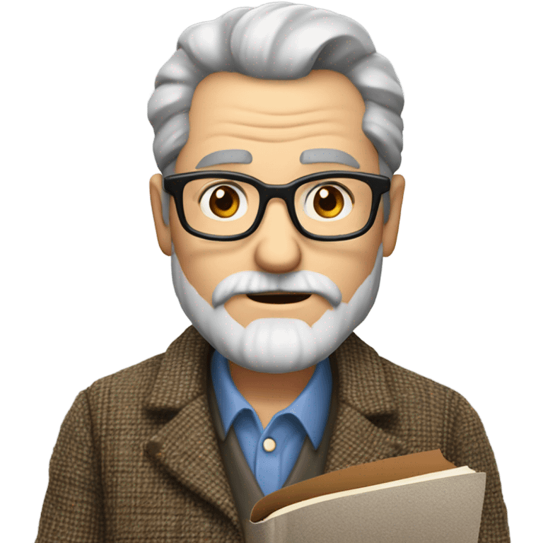 "A middle-aged man with graying hair, a beard, and round glasses. He has a serious, regretful expression, wears a tweed jacket, and holds a book or chalk." emoji