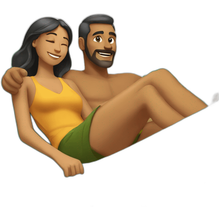 a man is laying in hammock and a woman is fanning him with palm leaves emoji