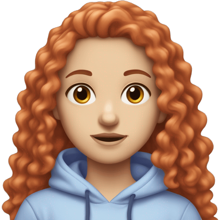 a white girl with long red curly hair, wearing a pastel periwinkle hoodie doing a pose emoji