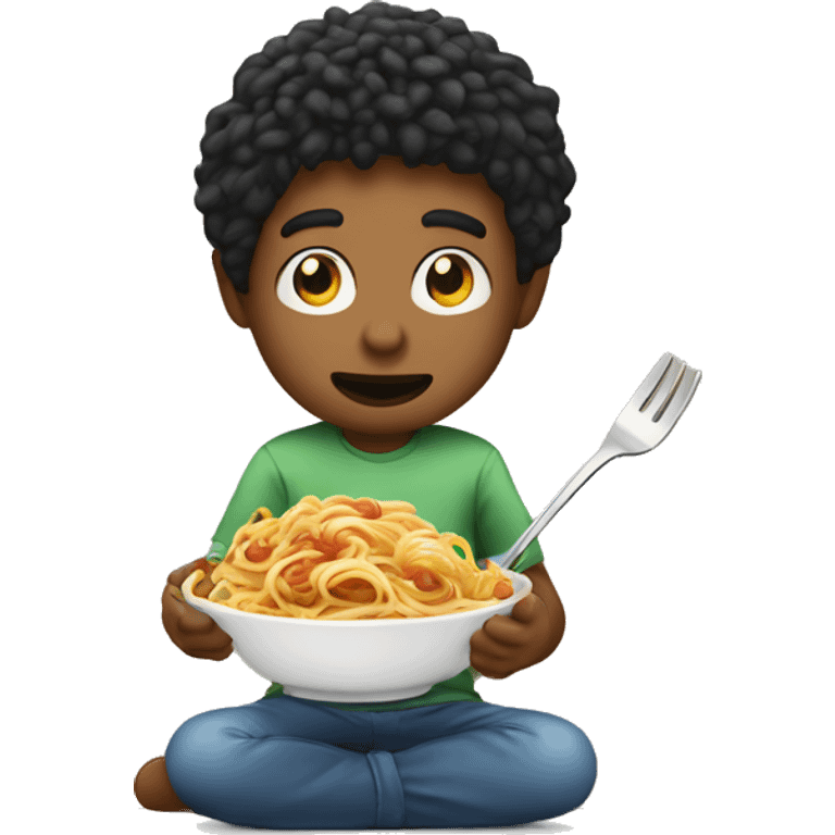 Boy eating spaghetti using someone else’s hand as fork emoji