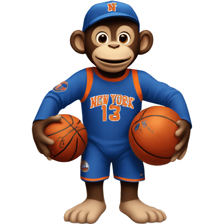 Curious George wearing a knicks uniform, jersey says "New York" and has "11" in the center, monkey is holding a basketball  emoji