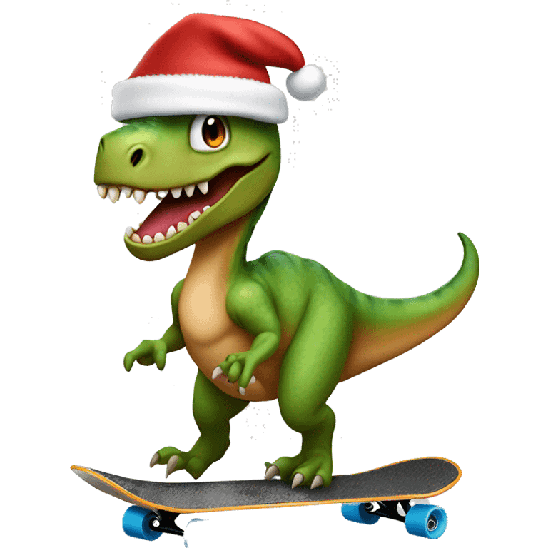 a dinosaur riding a skateboard with a santa hat emoji