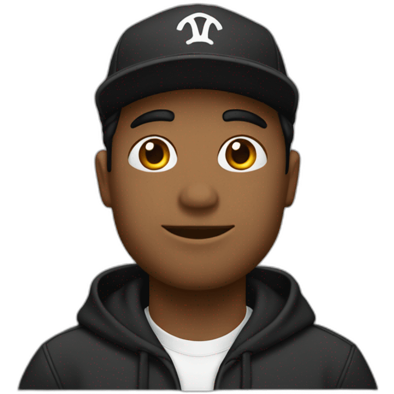 Un chico con sudadera negra, cabello largo y gorra negra emoji