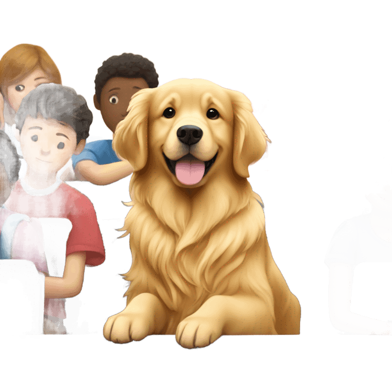 golden retriever surrounded by school students and a teacher  emoji