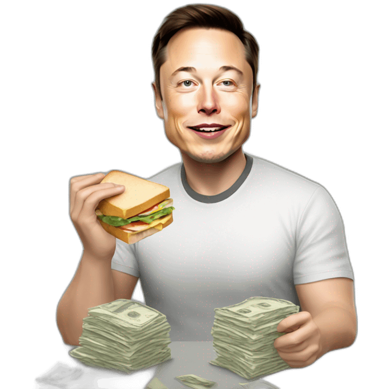 elon musk. eating a sandwich filled with dollar bills. money emoji