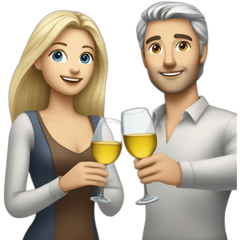 caucasian woman with brown eyes and blond shoulter long hair and a caucasian man with blue eyes and grey hair, toasting with a glass of white wine emoji