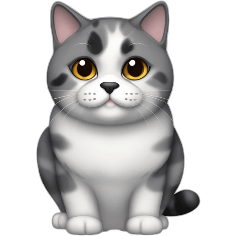 senior chubby diluted calico cat, grey chin, black nose, grey ears, grey and white emoji