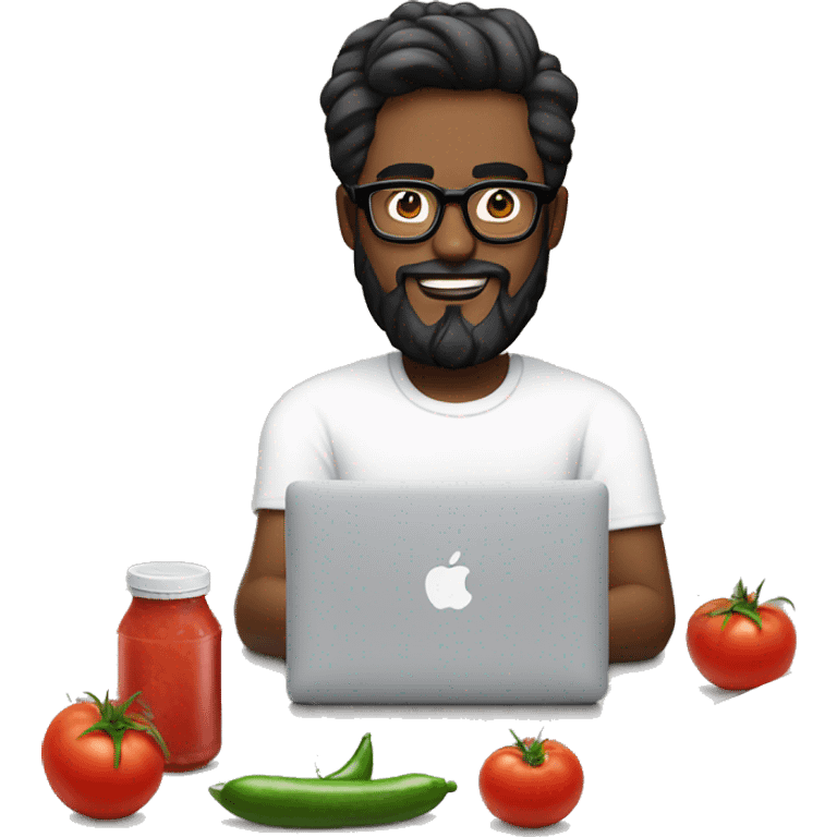 Designer with black hair, white skin, beard and glasses working with MacBook and tomato ketchup emoji