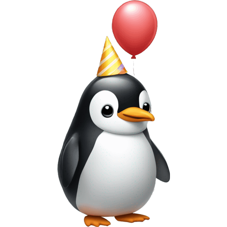 Penguin wearing a birthday hat holding a balloon emoji