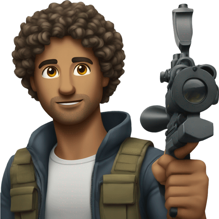 Handsome man with curly hair holding a sign that says sniper emoji