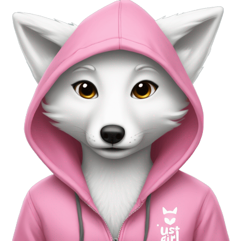 White fox wearing a pink hoodie with pink writing saying just a girl emoji