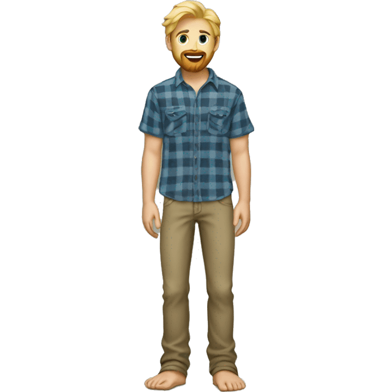 Blond bearded guy with flannel shirt, jeans, and bare feet emoji