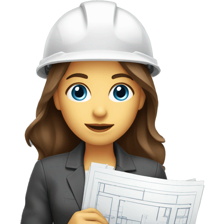 woman profession architect holding blueprints. She has beautiful blue eyes. She has brown hair emoji