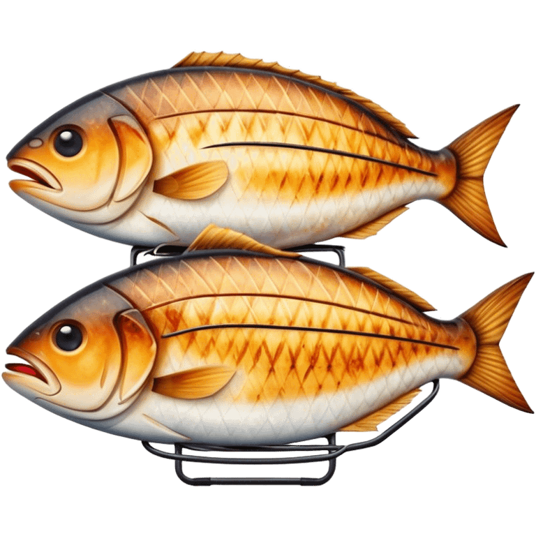 Cinematic Realistic Gradele (Grilled Fish) Dish Emoji, depicted as perfectly grilled fish with a smoky, charred finish rendered with lifelike detail and appetizing, natural lighting. emoji