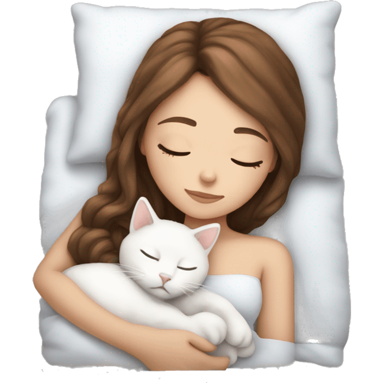 White girl brown hair sleeping with white kitty emoji