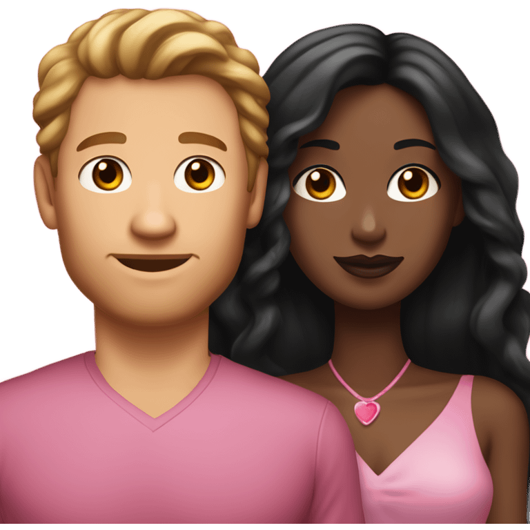 A handsome white man who has long brown hair and tanned skin with a pretty black woman who has long black hair and she is wearing a pink dress and they are a couple emoji