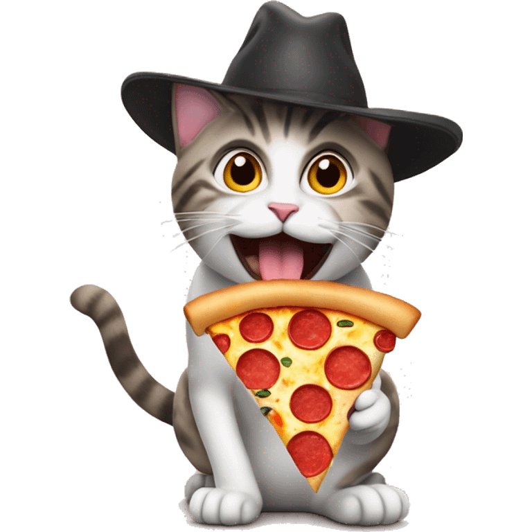 Emoticon de un gato con sombrero, comiendo pizza emoji