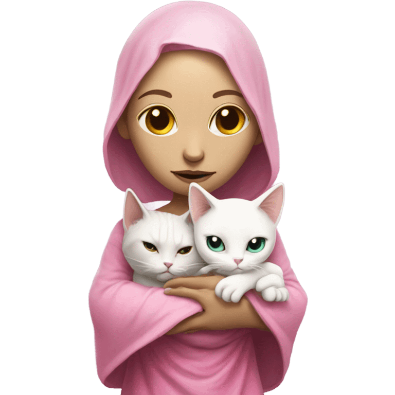 Reptilian alien woman, in meditation pink dress hugs a white cat emoji