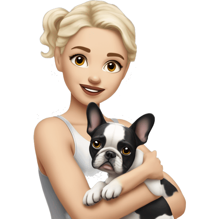 light-skinned and fair-haired dancer with a French bulldog merle puppy emoji