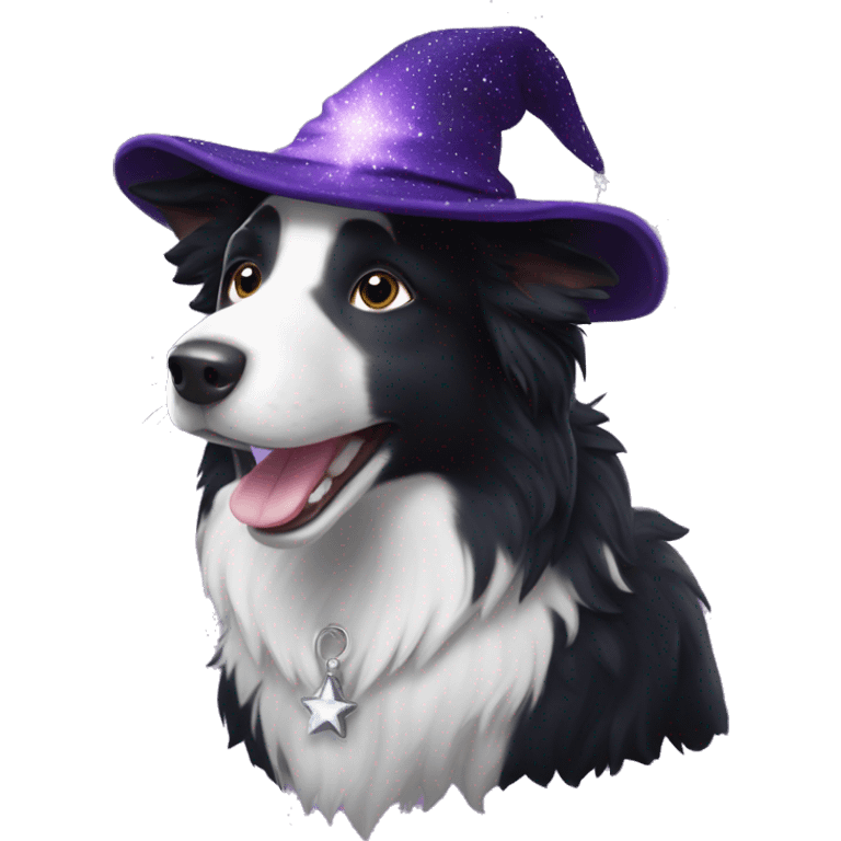 Black and white Border Collie wearing a dark purple velvet wizard hat.  The hat is covered with tiny, sparkling silver stars. emoji